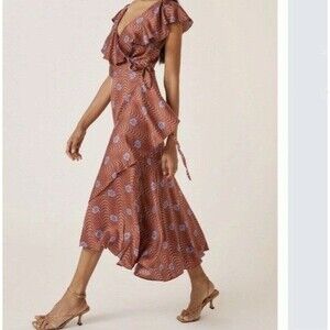 Anthropologie Ruffle Sleeve Printed Wrap Maxi Dress 3X Brown Copper $170